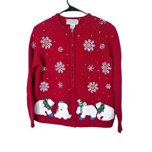 Vintage Tiara International Christmas‎ Polar Bear Snowflakes Sweater Cardigan S